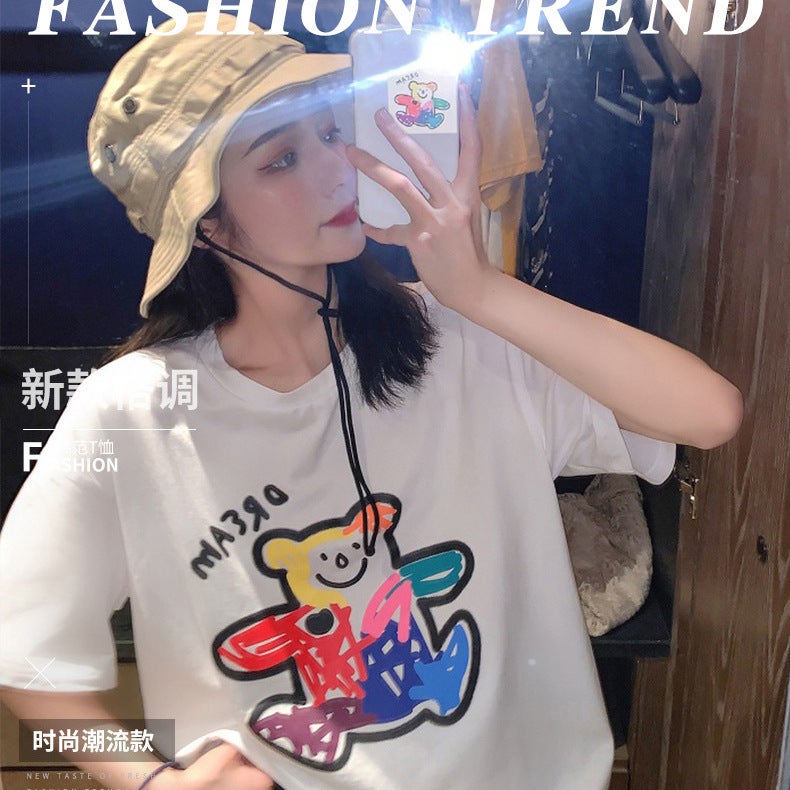 Short-sleeved Womens Summer 2023 New Korean-style Trendy ins Loose White Student Slimming Casual Round Neck Top Girls T-shirt White Rainbow Bear
