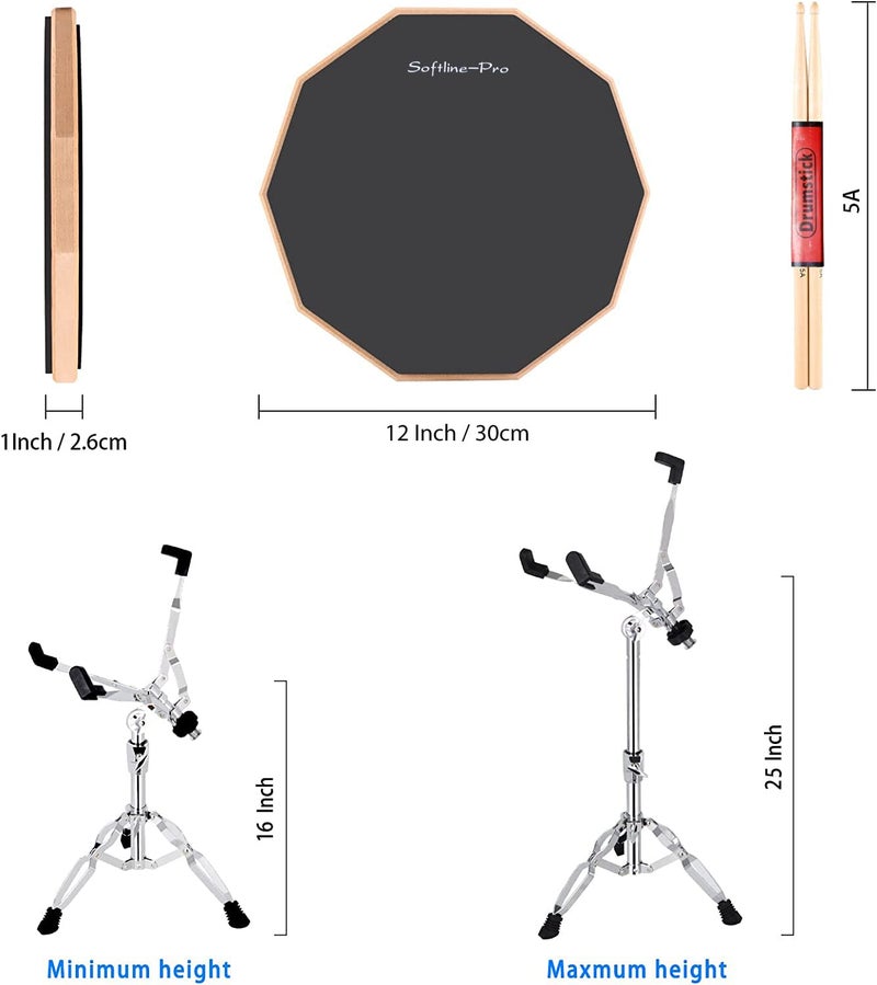 Softline Pro SP-DPPK-Kit 12" & 10 Corners Dumbed Drum Practice Pad Kit, Double Side with Stand & Bag (SP-DPPK-Practice-Pad-Kit) - Image 2