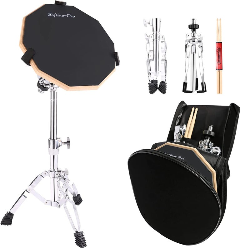 Softline Pro SP-DPPK-Kit 12" & 10 Corners Dumbed Drum Practice Pad Kit, Double Side with Stand & Bag (SP-DPPK-Practice-Pad-Kit) - Image 1