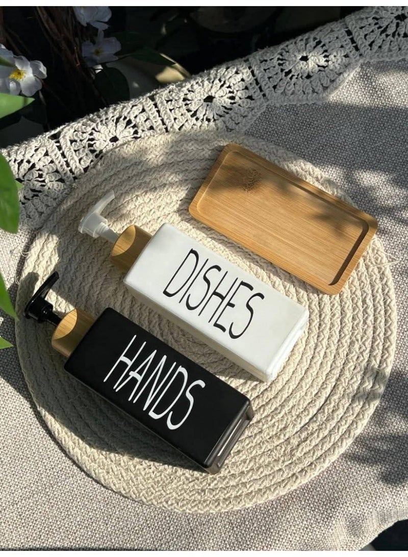 Glass Soap Dispenser Set with Pump for Hands and Dish with Thick Bamboo Tray - Suitable for Home Decor (Black and White) - Image 2
