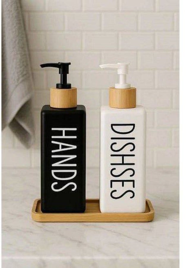 Glass Soap Dispenser Set with Pump for Hands and Dish with Thick Bamboo Tray - Suitable for Home Decor (Black and White) - Image 1