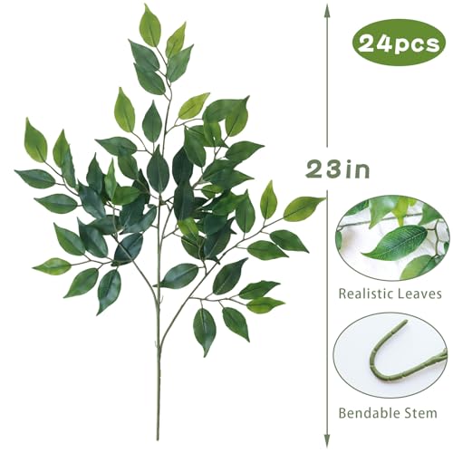 mizii 24pcs Artificial Greenery Stems Silk Green Leaves Fake 23in Ficus Garland Spray Plants Faux Greenery Decoration for Centerpieces Wedding Arch Flower Bouquet Table Home Decor (24) - Image 2