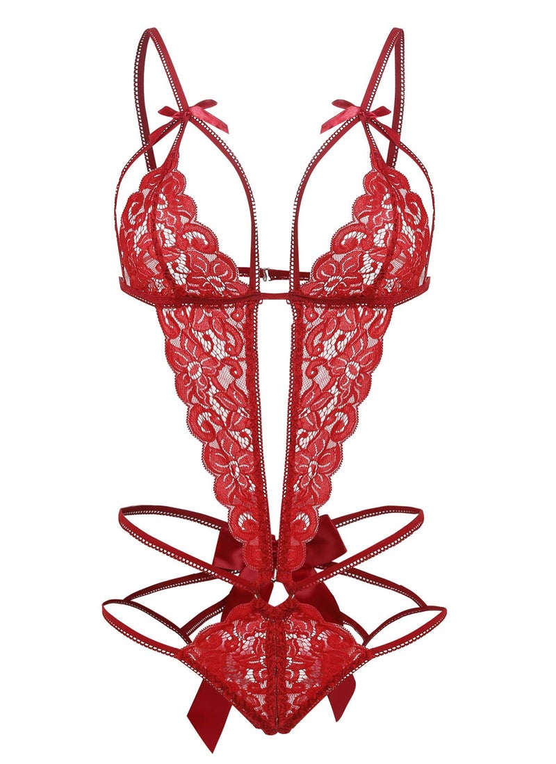 Donnalla Red Lingerie for Women Sexy Lace One Piece Lingerie Bodysuit Babydoll Teddy Underwear Red L - Image 1