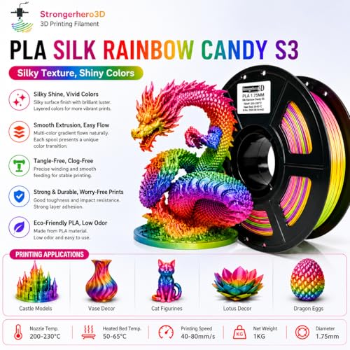 Stronghero3D PLA 3D Printer Filament,Candy Silk Rainbow S3,Glossy Multi Color PLA Filament 1.75mm,Net Weight 1kg(2.2lbs) Accuracy +/-0.05mm - Image 2