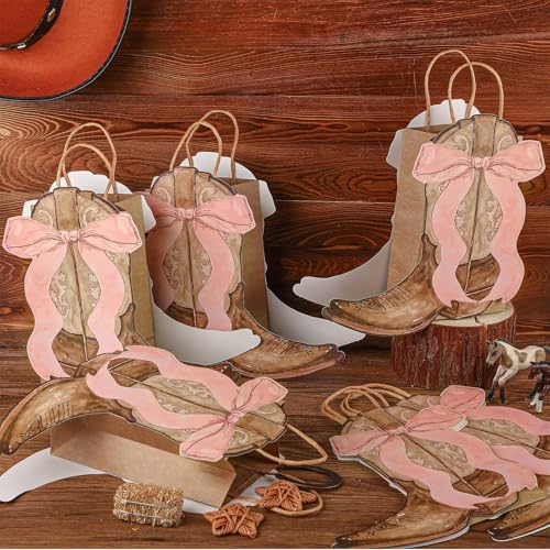 Sinload 24 Western Gift Bags Cowgirl Cowboy Boots Paper Bags with Pink Bow Handles Candy Goodie Treat Grocery Shopping for Cowgirl Party Supplies Birthday Western Party Favors (Brown Style) - Image 4