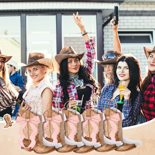 Sinload 24 Western Gift Bags Cowgirl Cowboy Boots Paper Bags with Pink Bow Handles Candy Goodie Treat Grocery Shopping for Cowgirl Party Supplies Birthday Western Party Favors (Brown Style) - Image 5