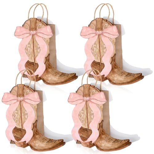 Sinload 24 Western Gift Bags Cowgirl Cowboy Boots Paper Bags with Pink Bow Handles Candy Goodie Treat Grocery Shopping for Cowgirl Party Supplies Birthday Western Party Favors (Brown Style) - Image 1