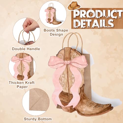 Sinload 24 Western Gift Bags Cowgirl Cowboy Boots Paper Bags with Pink Bow Handles Candy Goodie Treat Grocery Shopping for Cowgirl Party Supplies Birthday Western Party Favors (Brown Style) - Image 2