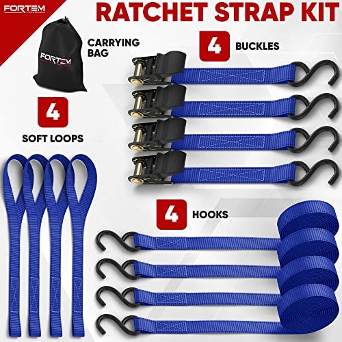 FORTEM Ratchet Straps, 1650lb Break Strength, 4 Pack 15ft x 1in Tie Down Strap Set, 4 Soft Loops, Motorcycle Straps Tie Downs, Cargo Cam Buckles for Trucks, Rubber Handles, Carry Bag - Image 4