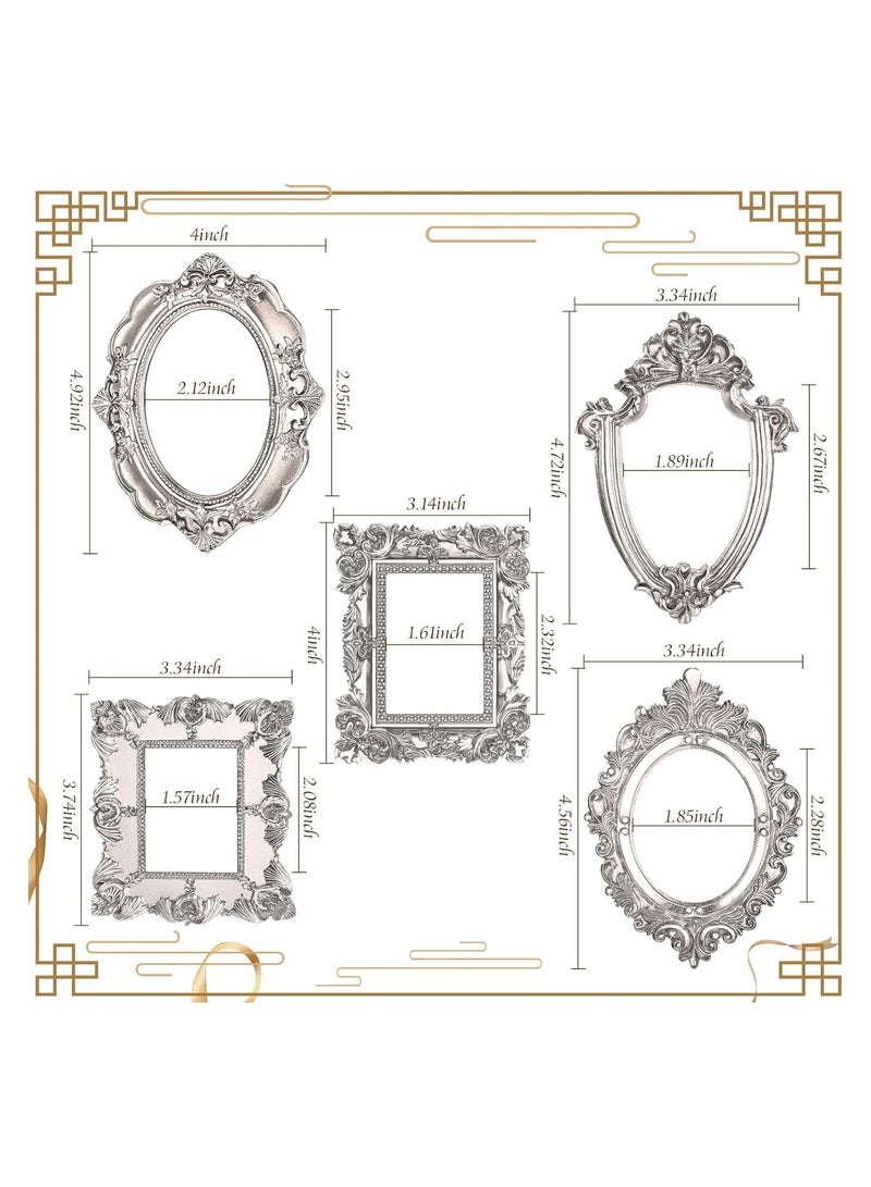 Excefore 5 Pcs Vintage Resin Picture Frame, Antique Photo Resin Frame, Oval Rectangle Wall Hanging, Resin Jewelry Display Frame Photography Photo Frame DIY Photo Frame for Phone Photo Home Decoration (Silver)  - Image 4