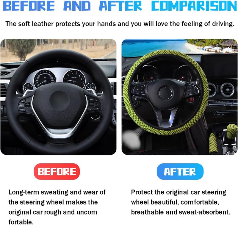 Bittwee 3PCS 15Inch Car Steering Wheel Cover Armrest Cover Gear Shift Cover Set, Microfiber Breathable Anti-Slip Automotive Steering Wheel Protector, Vehicle Interior Decor, Universal Fit（Light Green） - Image 3