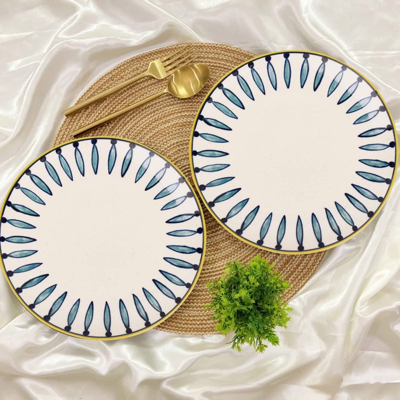 StyleMyWay"Kyoto Collection Handpainted Ceramic Dinner Serving Plates (Set of 2, White and Blue, 10 inches) | Full Plates | Platter - Image 1