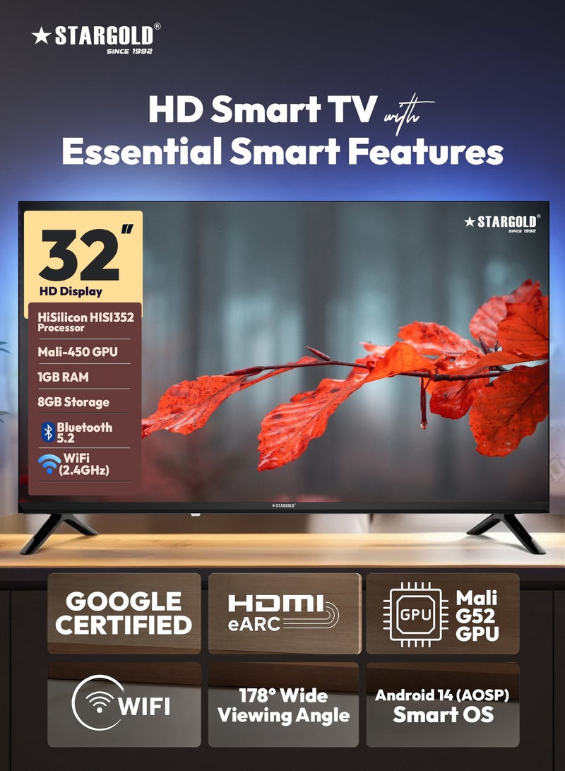 STARGOLD 32 Inch Smart TV SG-C3225SMART - Full HD Frameless Android 14 Smart Television, Built-in 16W Box Speakers, HDMI/USB/Optical Ports, DVB-T2/S2 Triple Tuner, 1GB RAM 8GB ROM, Best 32 Inch Smart TV for Gaming & 60Hz Streaming (Alternative to LG TV, Samsung TV, TCL Television) - Image 1
