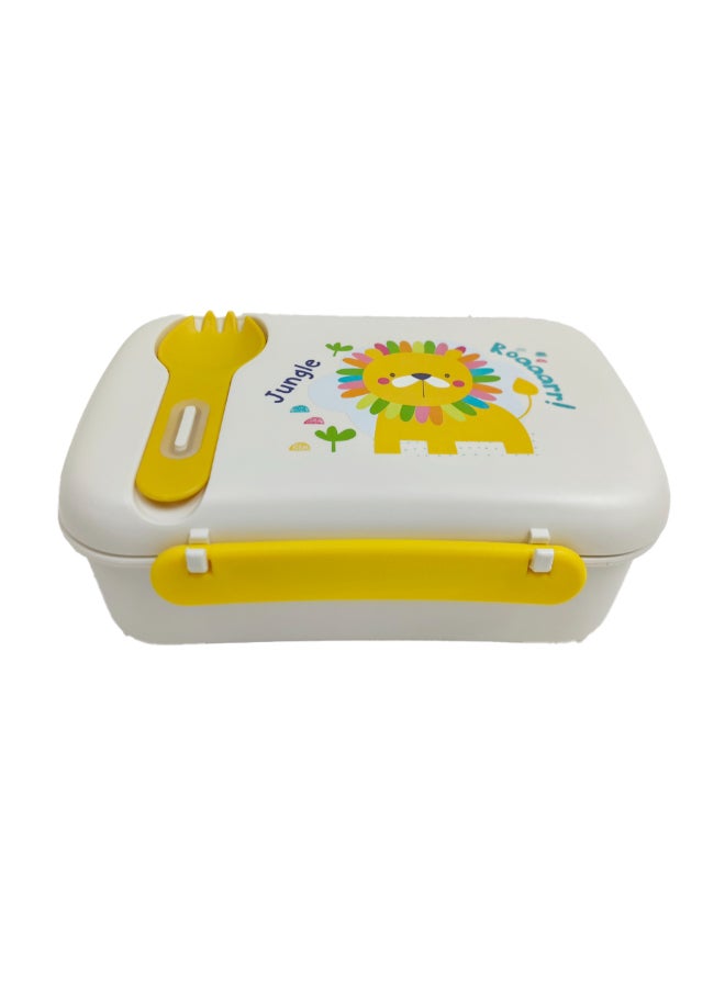 Jungle Roaaar Lion Printed Lunch Box with Spoon for Kids White and Yellow 600 ml D-PLB1068-LION