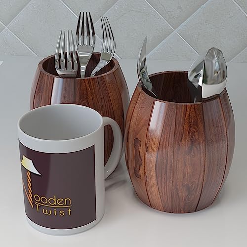Onlineshoppee Wooden Twist Panzer Round Shaped Sheesham Wood Cutlery Holder & Spoon Holder Eco-Friendly Kitchen Organizer (Set of 2) - Image 1