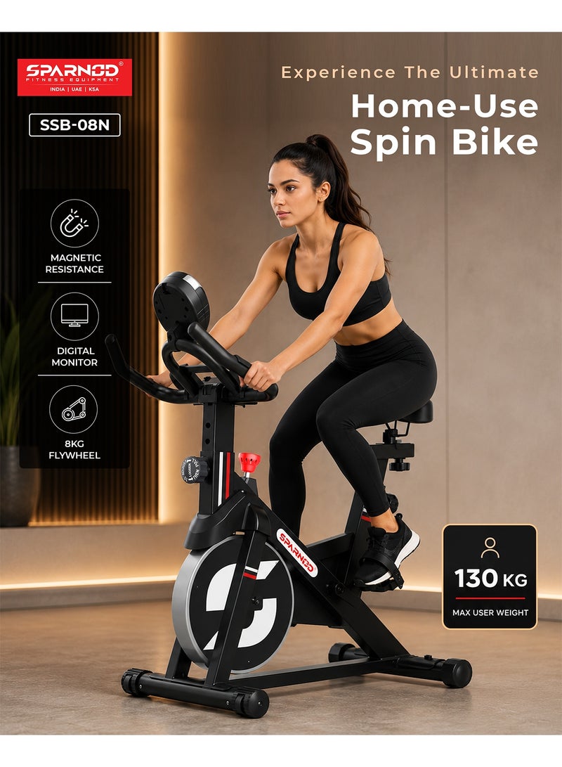 Sparnod Fitness SSB-08N Spin Bike for Home|  8 kg Heavy Flywheel | Digital Display | Heart Rate Sensor | Adjustable Seat & Handlebar | Silent Belt Drive | Carbon Steel Frame | 120 kg User Weight - Image 3