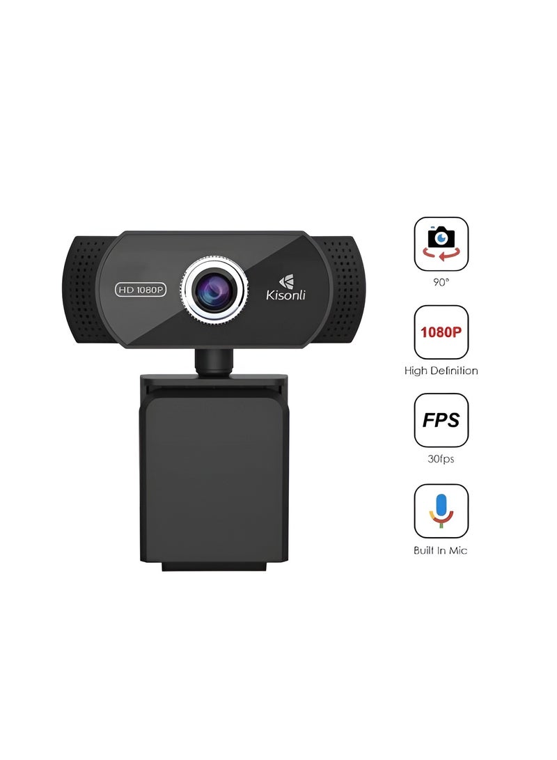 Kisonli PC-2 Full HD 1080P Webcam with Built-in Microphone and USB Plug & Play - Black - Image 3