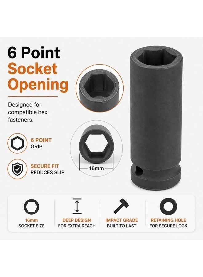 16mm Deep Impact Socket 1/2 Inch Drive,  Long  6 Point Socket for Impact Wrench, Ratchet, Car Repair and Workshop Use - Image 5