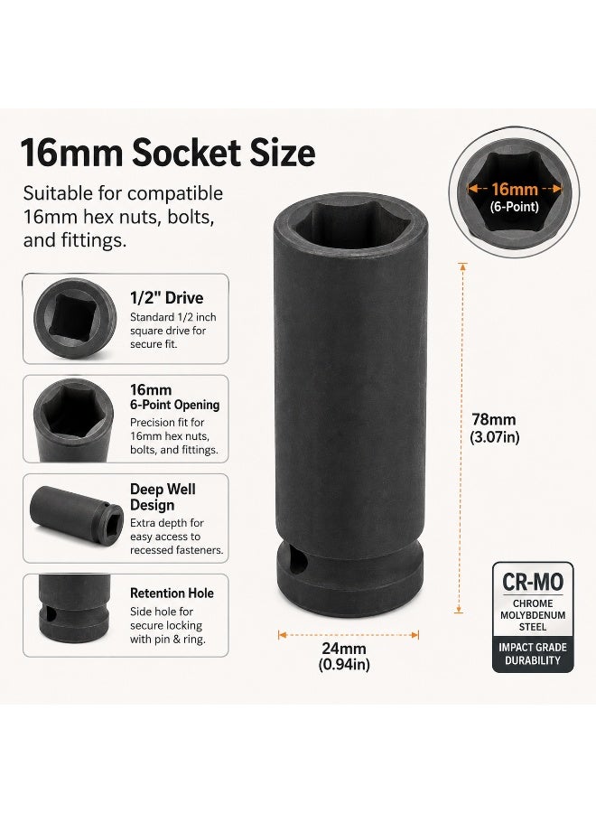 16mm Deep Impact Socket 1/2 Inch Drive,  Long  6 Point Socket for Impact Wrench, Ratchet, Car Repair and Workshop Use - Image 3