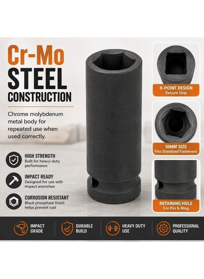 16mm Deep Impact Socket 1/2 Inch Drive,  Long  6 Point Socket for Impact Wrench, Ratchet, Car Repair and Workshop Use - Image 4