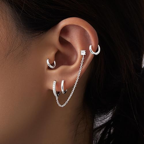 Poxtex Silve Chain Hoop Stud Earrings for Women, Huggie Small Stack Cartilage Chain Hoop Earring Sets for Multiple Double Piercing, Conch Helix Rook Tragus Daith Piercing Silver Clip On Jewelry Set Gifts - Image 4