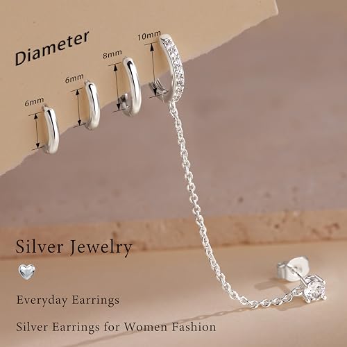 Poxtex Silve Chain Hoop Stud Earrings for Women, Huggie Small Stack Cartilage Chain Hoop Earring Sets for Multiple Double Piercing, Conch Helix Rook Tragus Daith Piercing Silver Clip On Jewelry Set Gifts - Image 5