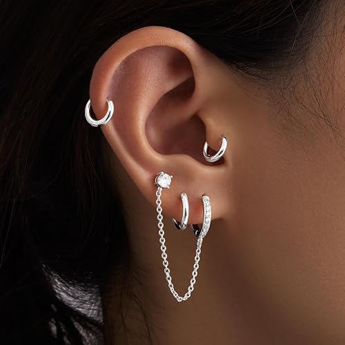 Poxtex Silve Chain Hoop Stud Earrings for Women, Huggie Small Stack Cartilage Chain Hoop Earring Sets for Multiple Double Piercing, Conch Helix Rook Tragus Daith Piercing Silver Clip On Jewelry Set Gifts - Image 3