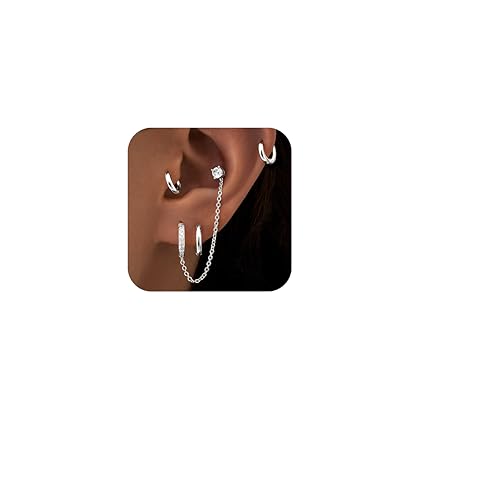 Poxtex Silve Chain Hoop Stud Earrings for Women, Huggie Small Stack Cartilage Chain Hoop Earring Sets for Multiple Double Piercing, Conch Helix Rook Tragus Daith Piercing Silver Clip On Jewelry Set Gifts - Image 2