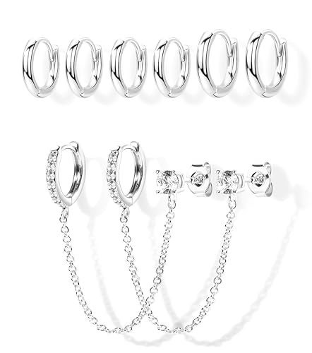 Poxtex Silve Chain Hoop Stud Earrings for Women, Huggie Small Stack Cartilage Chain Hoop Earring Sets for Multiple Double Piercing, Conch Helix Rook Tragus Daith Piercing Silver Clip On Jewelry Set Gifts - Image 1