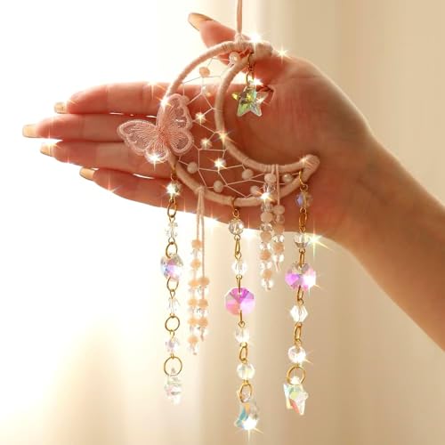 Artilady Dream Catcher for Girls - Pink Butterfly Small Moon Dream Catchers with Crystals Cute Room Decor for Teen Girls Boys Boho Bedroom Wall Home Decorations Birthday Christmas Kids Gifts - Image 2