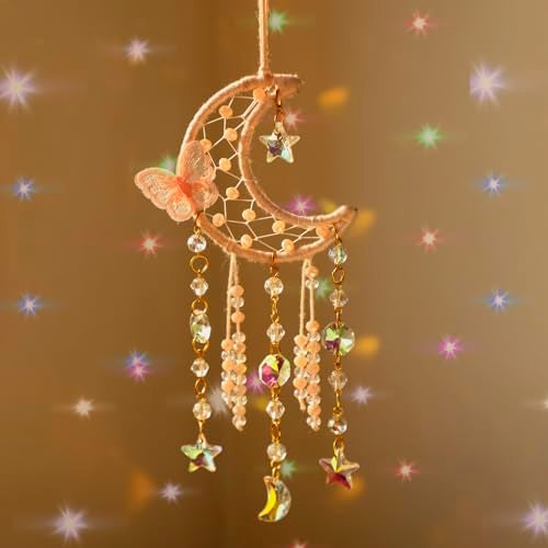 Artilady Dream Catcher for Girls - Pink Butterfly Small Moon Dream Catchers with Crystals Cute Room Decor for Teen Girls Boys Boho Bedroom Wall Home Decorations Birthday Christmas Kids Gifts - Image 1