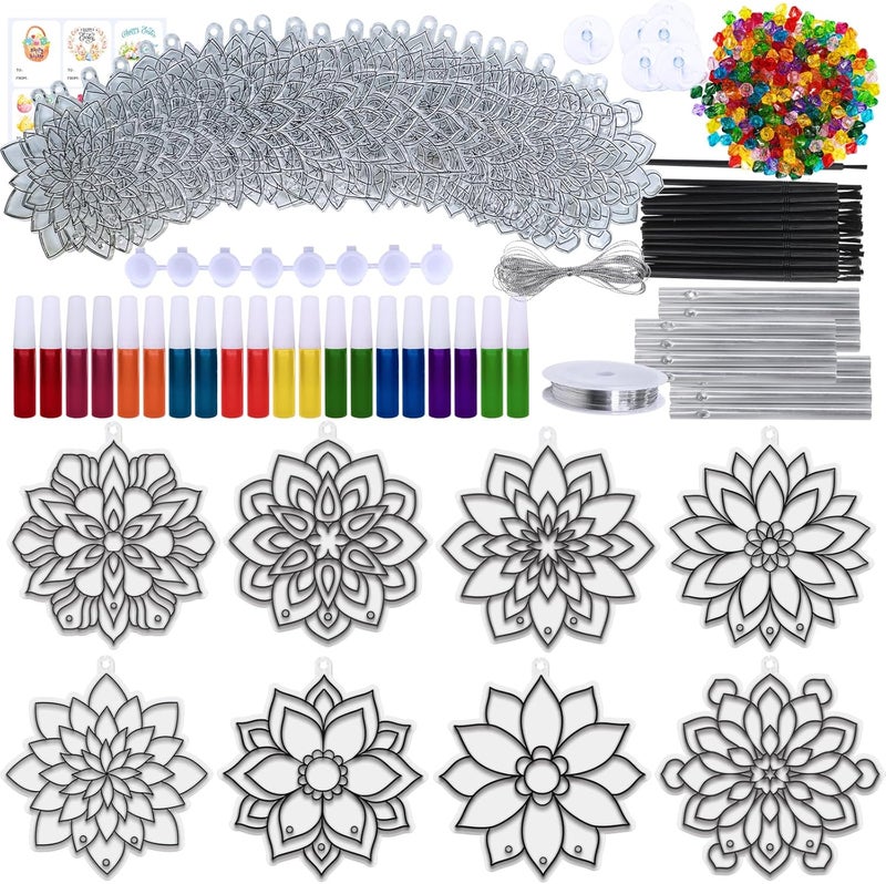 Winlyn 24 Sets Lotus Flower Suncatcher Wind Chimes Decorations DIY Window Paint Art Stickers Craft Kits Flower Sun Catchers for Kids Classroom Birthday Spring Summer Party Activities Art Project - Image 4