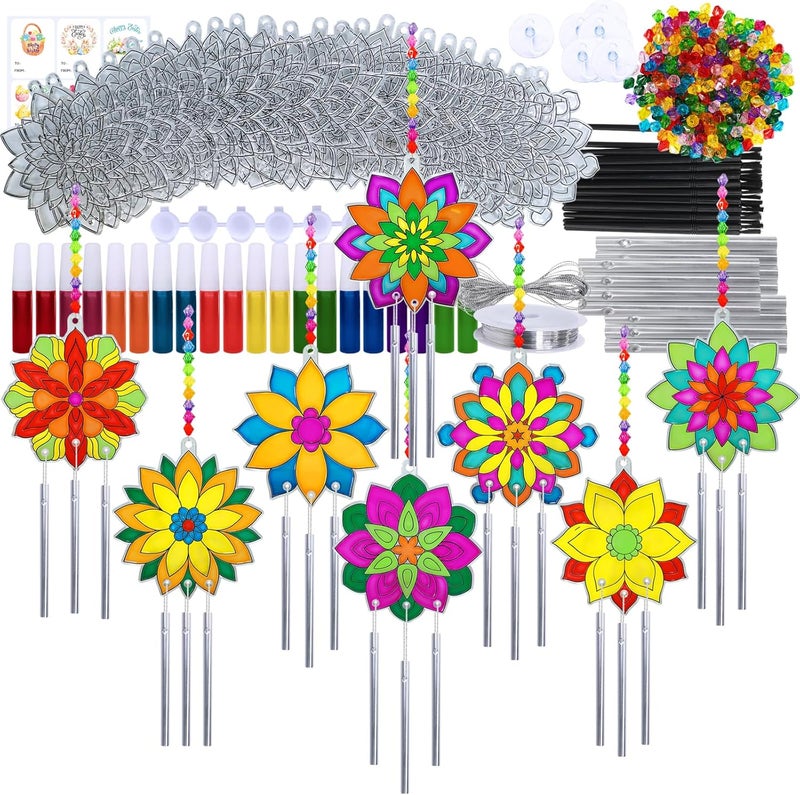 Winlyn 24 Sets Lotus Flower Suncatcher Wind Chimes Decorations DIY Window Paint Art Stickers Craft Kits Flower Sun Catchers for Kids Classroom Birthday Spring Summer Party Activities Art Project - Image 1