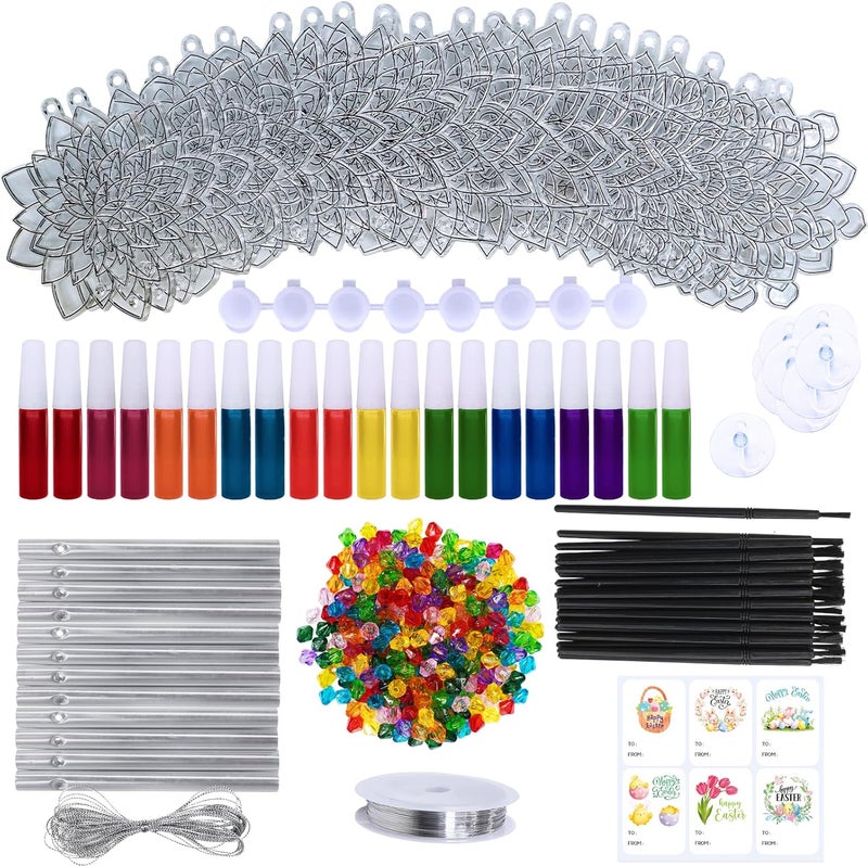 Winlyn 24 Sets Lotus Flower Suncatcher Wind Chimes Decorations DIY Window Paint Art Stickers Craft Kits Flower Sun Catchers for Kids Classroom Birthday Spring Summer Party Activities Art Project - Image 2