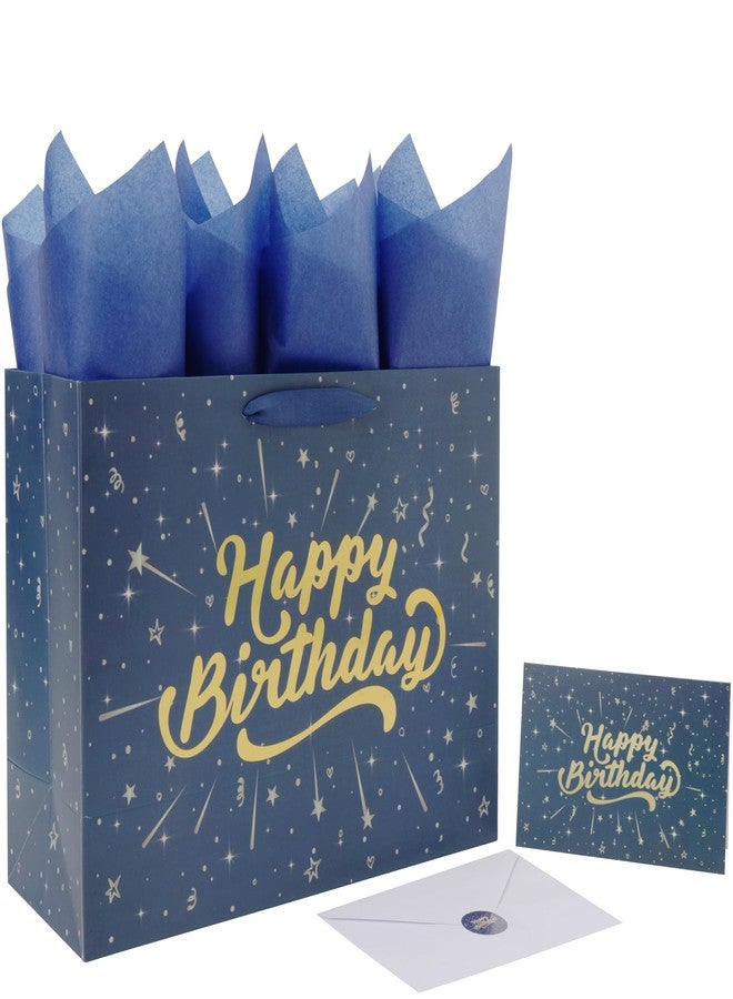 wishinside مجموعة حقائب هدايا عيد ميلاد كبيرة من Wishinside مقاس 13 بوصة مع مقابض، وبطاقة تهنئة، وورق مناديل أزرق، وملصقات للأولاد والرجال، لحفلات أعياد ميلاد الرجال، وحفلات الأطفال، وحفلات استقبال المولود الجديد، قطعة واحدة - Image 1