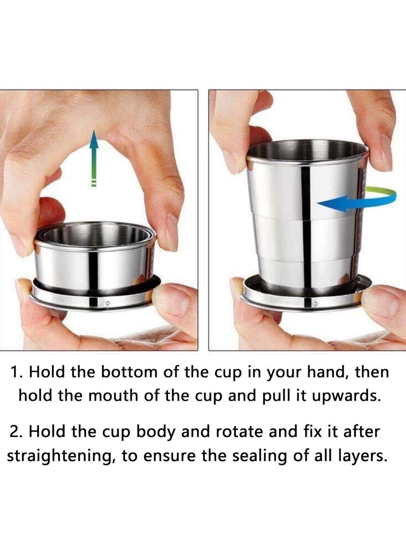 DANIM Set of 2 Collapsible Stainless Steel Travel Cups with Keychain – Portable Folding Drinking Glasses (8cm Height, 150ml Each) - Image 2