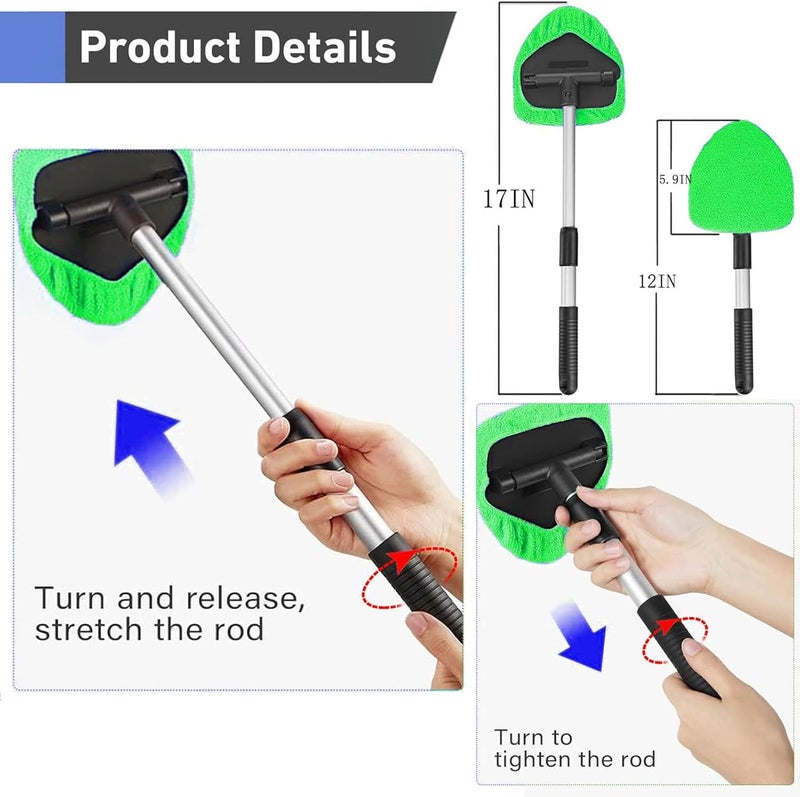 desin Windshield Cleaning Tool, Car Window Cleaner Windshield Cleaner with 4 Reusable and Washable Microfiber Pads and Extendable Handle Auto Inside Glass Wiper (Green) - Image 2