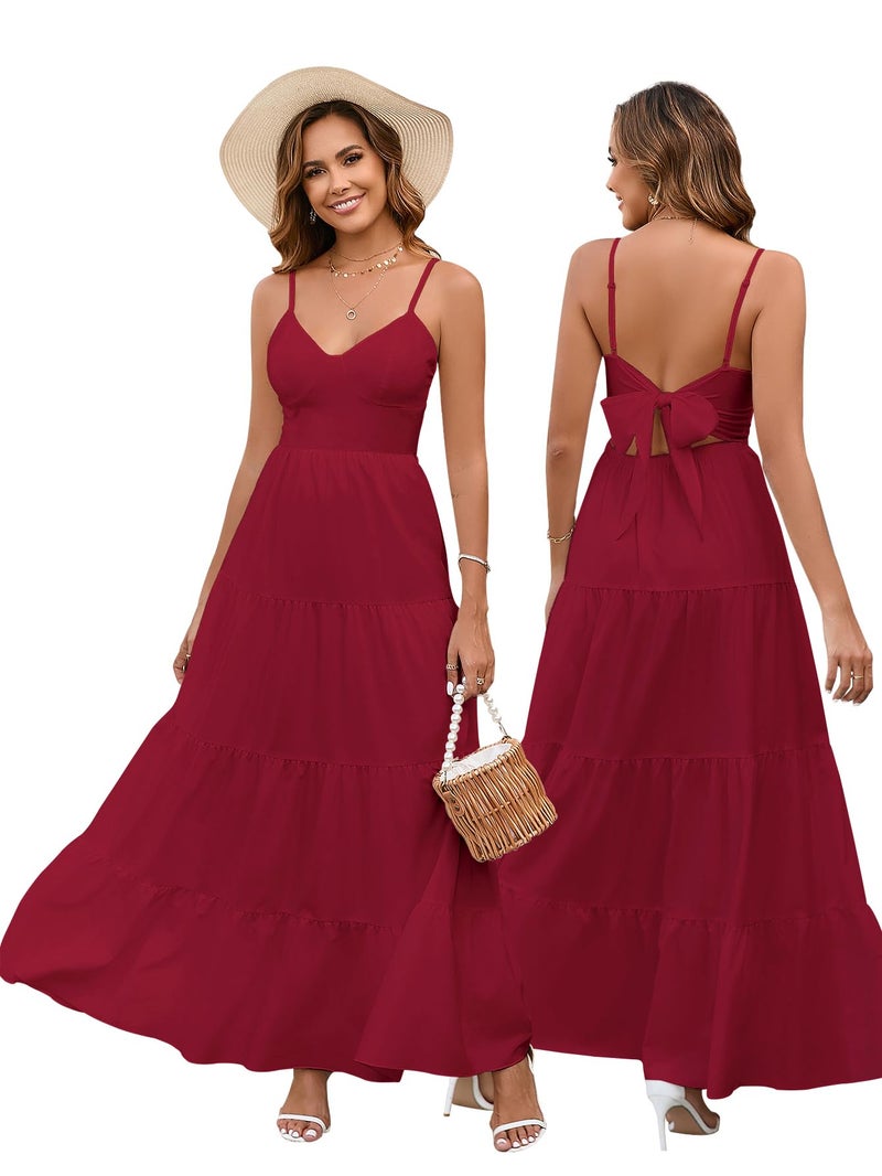 HTZMO Women Casual Summer Floral Maxi Sundress V Neck Spaghetti Strap Bow Tie Backless Flowy Boho Beach Long Dress 2026 Red M - Image 1