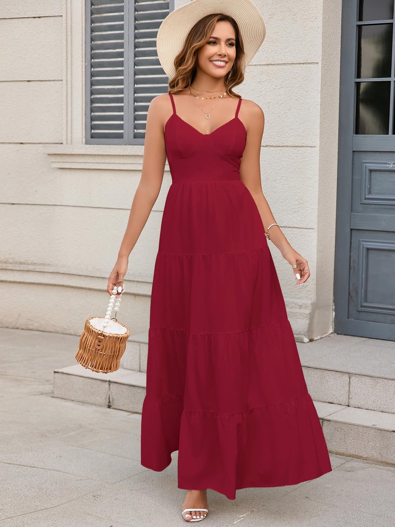 HTZMO Women Casual Summer Floral Maxi Sundress V Neck Spaghetti Strap Bow Tie Backless Flowy Boho Beach Long Dress 2026 Red M - Image 2