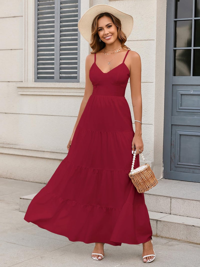HTZMO Women Casual Summer Floral Maxi Sundress V Neck Spaghetti Strap Bow Tie Backless Flowy Boho Beach Long Dress 2026 Red M - Image 4