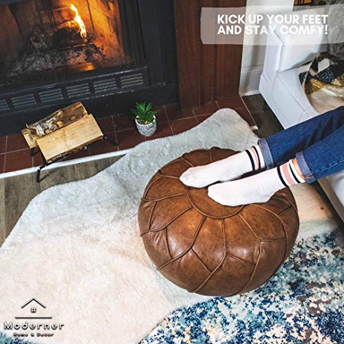 Moderner Faux Leather Pouf Unstuffed Ottoman Moroccan Footstool, Floor Footrest Cushion, Storage Solution - Natural Brown Color (Mocha, Round) - Image 4