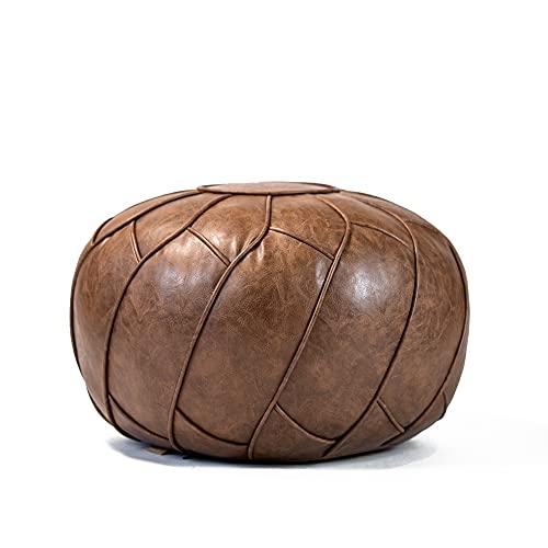 Moderner Faux Leather Pouf Unstuffed Ottoman Moroccan Footstool, Floor Footrest Cushion, Storage Solution - Natural Brown Color (Mocha, Round) - Image 1