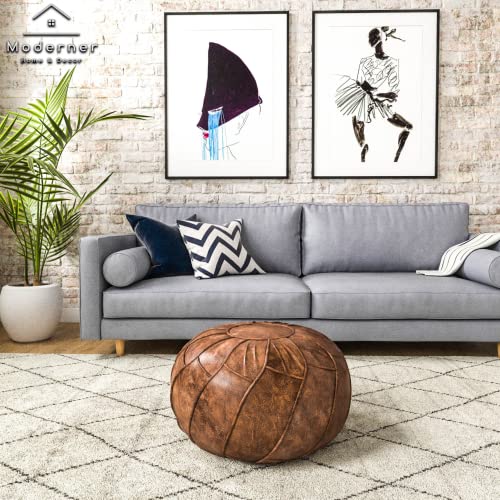 Moderner Faux Leather Pouf Unstuffed Ottoman Moroccan Footstool, Floor Footrest Cushion, Storage Solution - Natural Brown Color (Mocha, Round) - Image 3