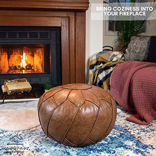 Moderner Faux Leather Pouf Unstuffed Ottoman Moroccan Footstool, Floor Footrest Cushion, Storage Solution - Natural Brown Color (Mocha, Round) - Image 2