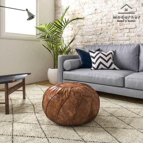 Moderner Faux Leather Pouf Unstuffed Ottoman Moroccan Footstool, Floor Footrest Cushion, Storage Solution - Natural Brown Color (Mocha, Round) - Image 5