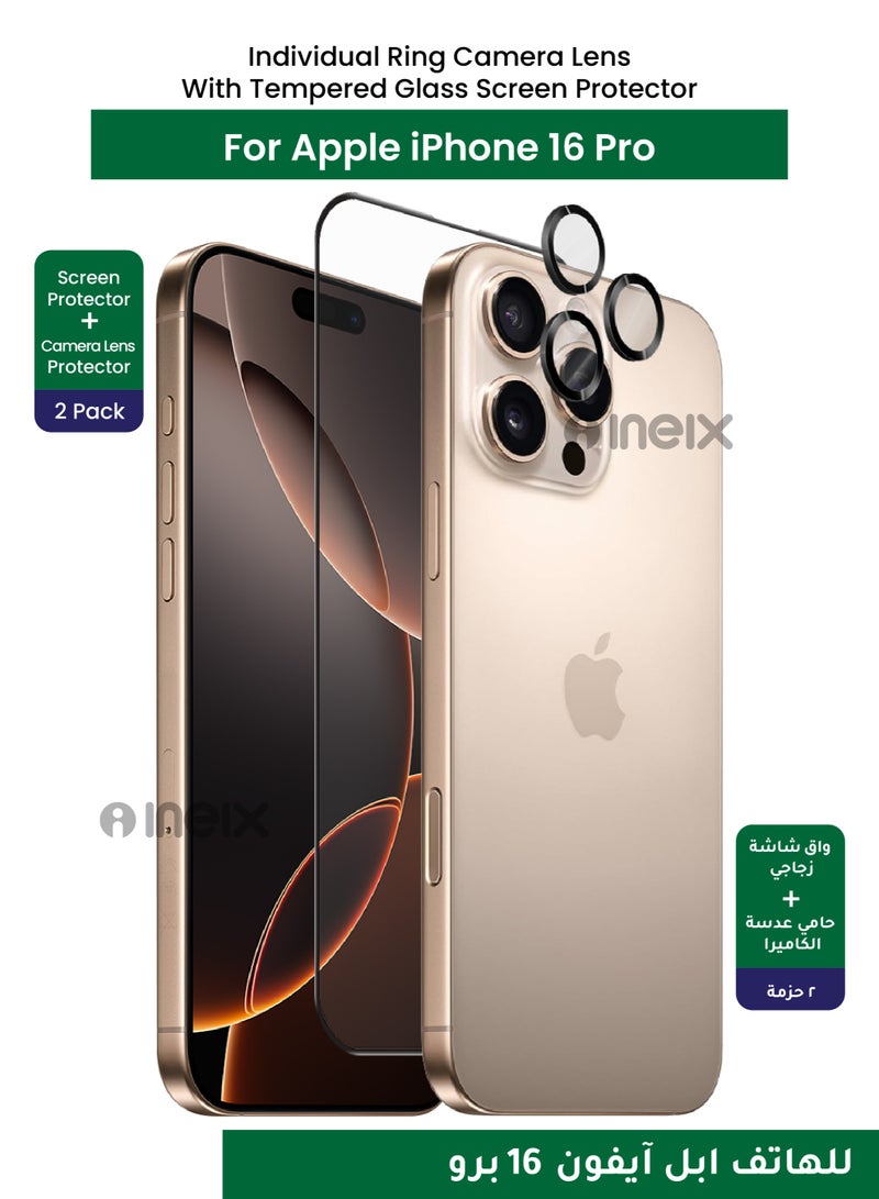 INEIX Full BodyTempered Glass Screen Protector with Individual Ring Camera Lens Anti Scratch Protector for iPhone 16  Pro-Clear/Black