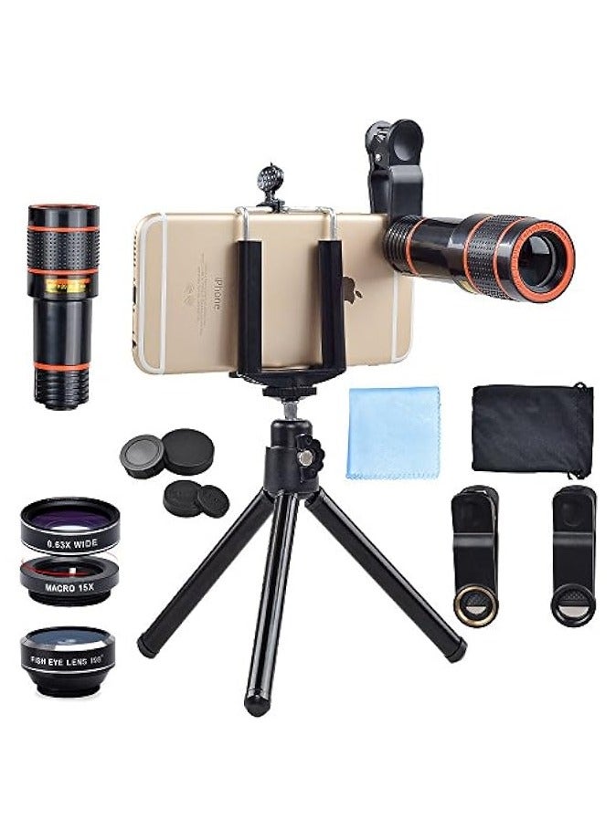 erorex 4 in 1 12x Zoom Telephoto Lens + Fisheye + Wide Angle + Macro Lens with Phone Holder + Tripod for iPhone X/8/7 /6/6s plus SE Samsung HTC Google Huawei LG Ipad Tablet PC Laptops  - Image 1