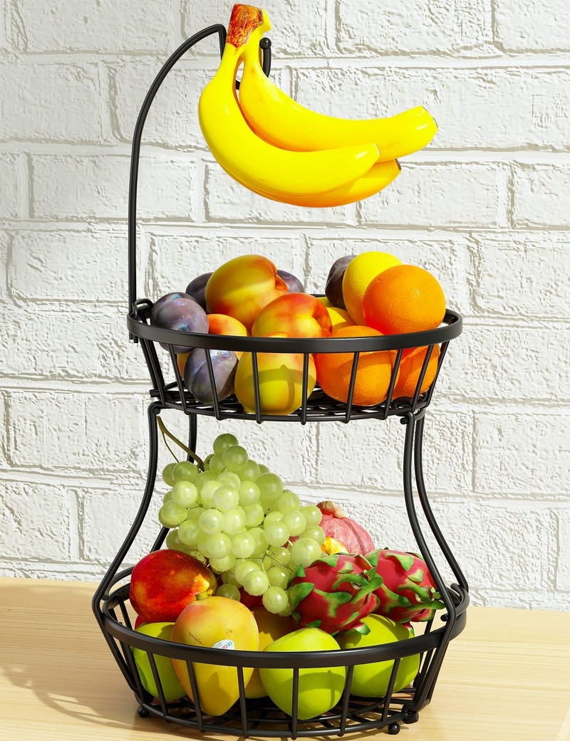 2Tier Fruit Basket Bowl Stackable Vegetable Storage with Banana Tree Hanger Stand for Kitchen Countertop Metal Wire Basket for Bread Onions Potatoes Black