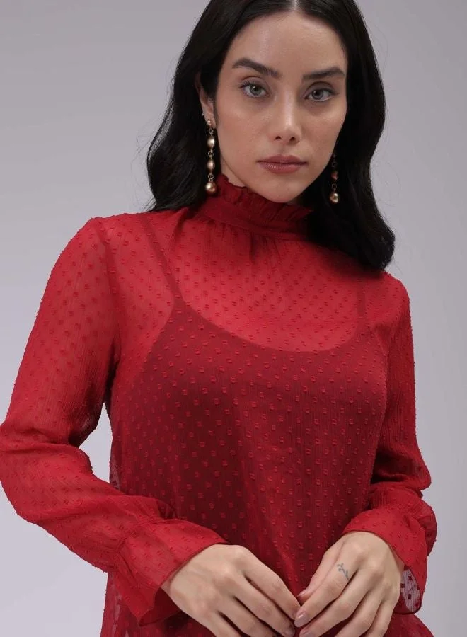 Freehand  Women Relaxed Fit Textured High Neck Long Sleeve Regular Top for Women | Best Price UAE