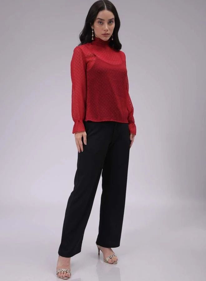 Freehand  Women Relaxed Fit Textured High Neck Long Sleeve Regular Top for Women | Best Price UAE